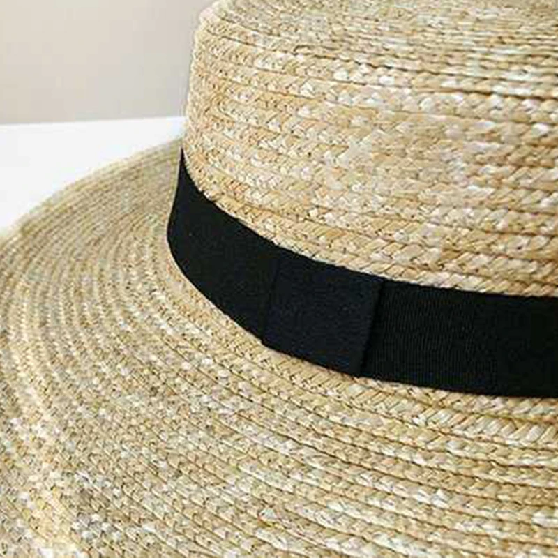 New Women Natural Wheat Straw Hat Ribbon Tie 9cm Brim Boater Hat Derby Beach Sun Hat Cap Lady Summer Wide Brim Protect Hats