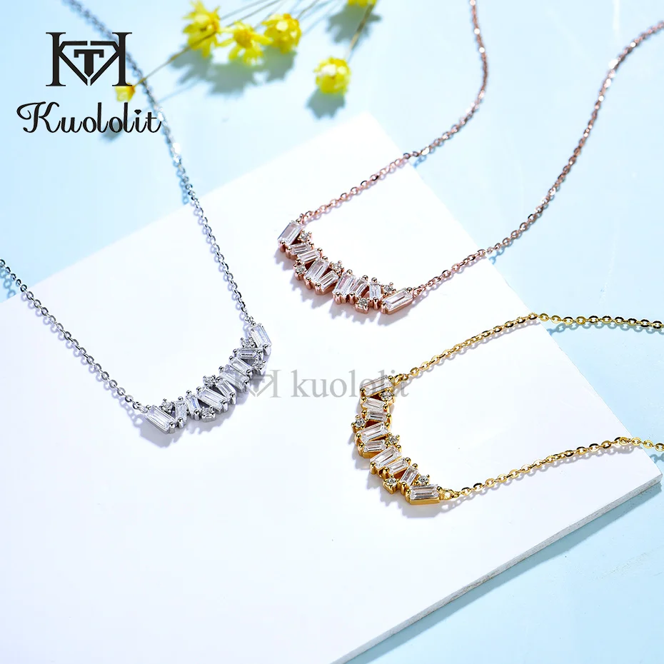 Kuololit Pure 18K14K 10K Rose Gold Moissanite Necklace for Women Luxury Baguette Gold Diamond Necklaces for Christmas Gifts 2022