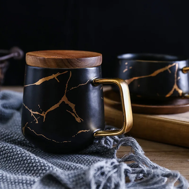 Mármore Cerâmica Caneca com Copos e Pires De Madeira, Matte Gold Coffee Cup, Japonês Preto e Branco Phnom Penh Cup