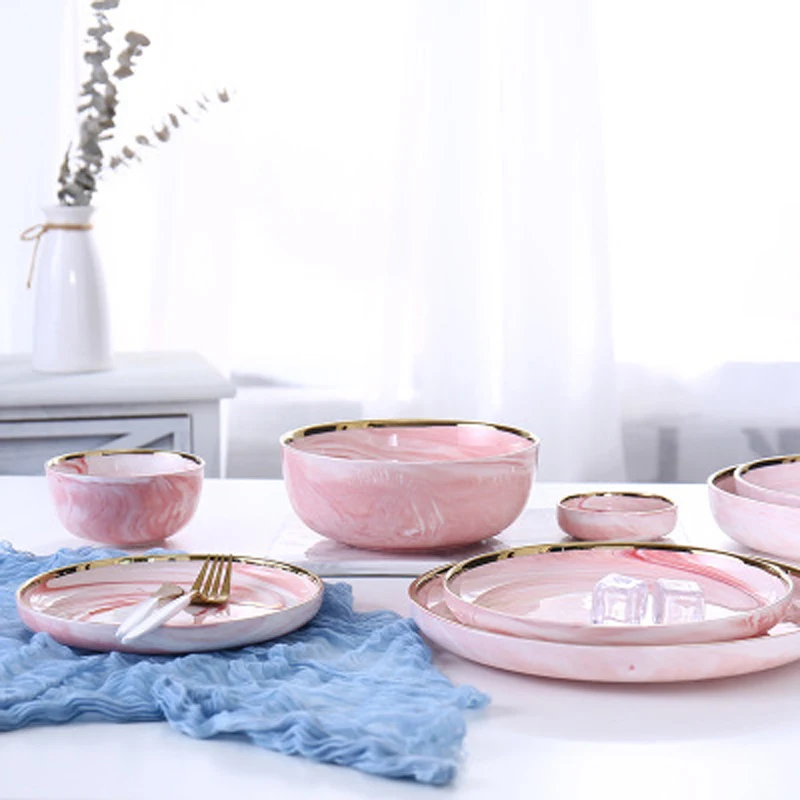 14PCS Set For 4 People Pink Marble Ceramic Dinner Dish Rice Salad  Bowl Soup Plates Dinnerware Sets Tableware Kitchen Cook Tools