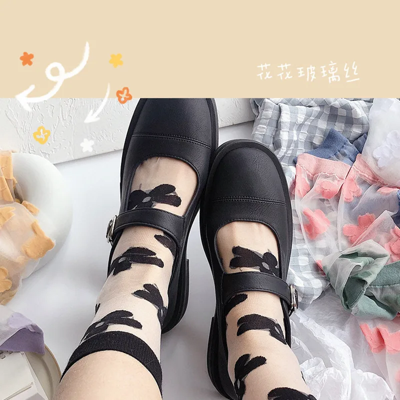 Vintage Little Flower Breathable Sheer Socks Women Summer Ultra Thin Glass Filament Socks Japanese Transparent Crystal Silk Sox