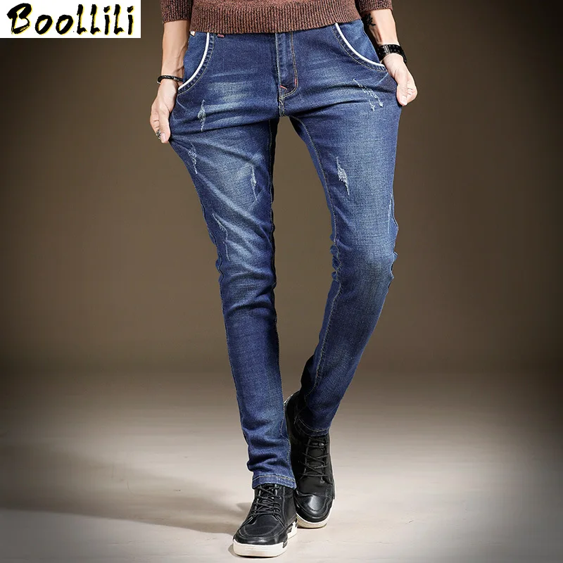 Skinny Jeans Herren 2023 Neue Klassische Feste Beiläufige Designer Gerade Dark Blue & Blue Stretch Denim Bleistift Trouers