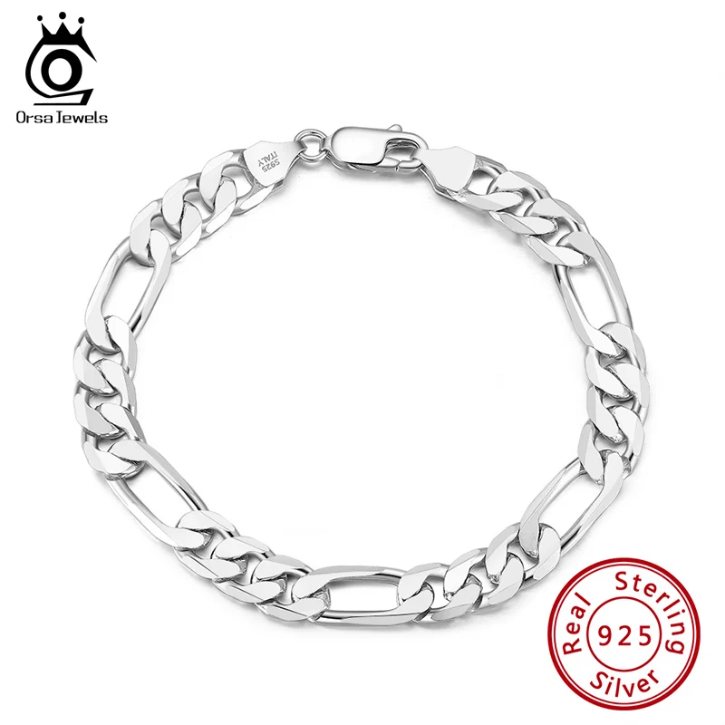 ORSA JEWELS 925 Sterling Silver Italian Punk Diamond-Cut Figaro Link Chain Bracelet for Men Teen Women Figaro Jewelry SB108