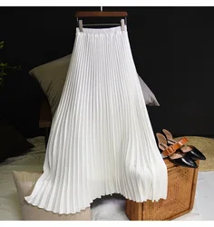 Autumn Winter Skirts Womens Elegant Pleated Long Skirt Solid High Waist A-Line Skirt Saia Faldas Jupe Longue Maxi Skirt Harajuku