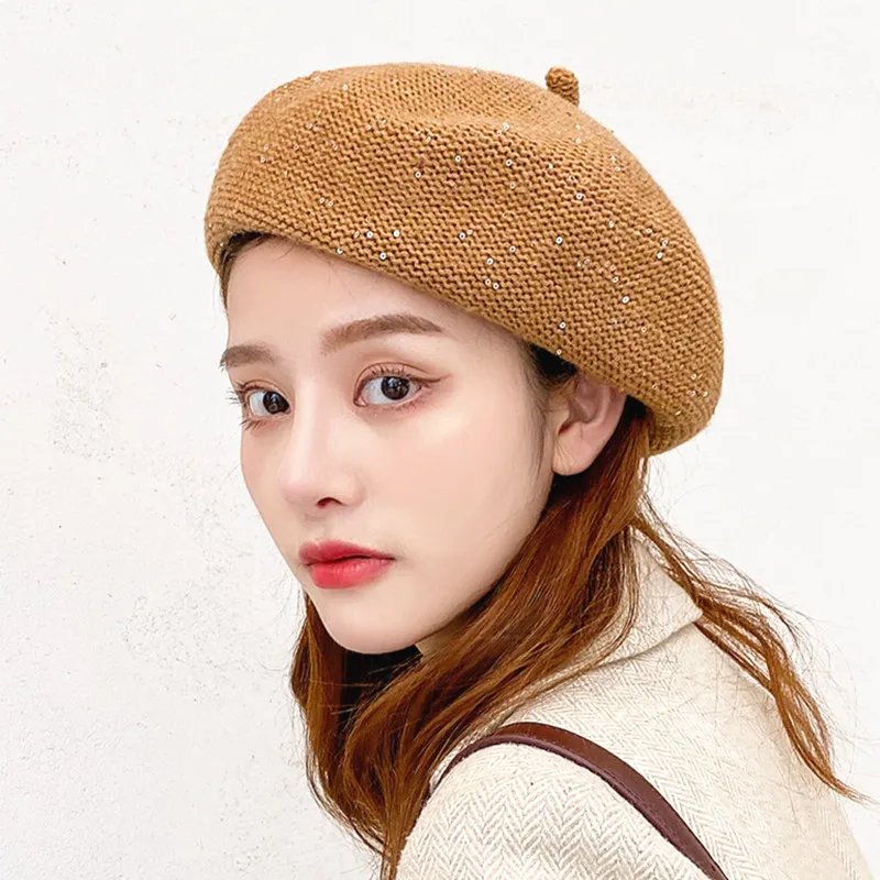 

Autumn girl lady casual rhinestone sequins beret caps England stylish women wool beret cap Octagonal Artist hats