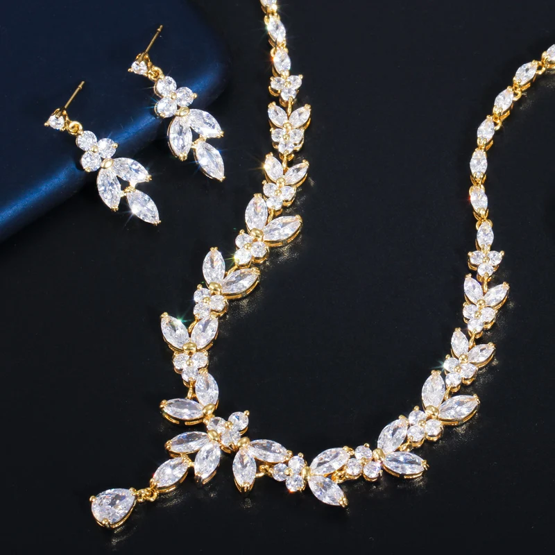 CWWZircons Top African Cubic Zirconia Leaf Drop Women Party Wedding Necklace Bridal Jewelry Set Dubai Gold Color Jewellery T442