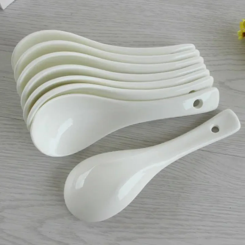 Plain White Bone Ceramic Spoon Kis Soup Spoon, Korean Chinese Rice Scoop Ice Cream Ladle, Porcelain Dinner Spoon