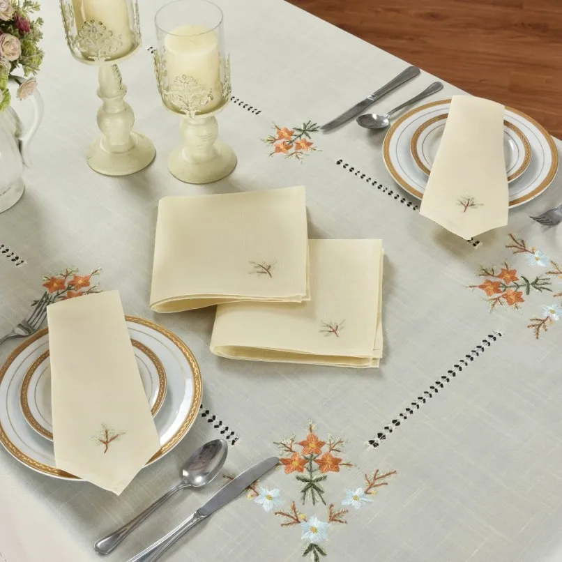 [Camellia Casa]Fabulous Beige Tablecloth, Hemstitched & Embroidered by Hand, set with 8 Napkins,Linen Look, big size, Handmade