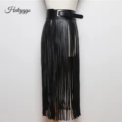 Punk Style Women PU Leather Belt Maxi Skirts Long Tassel Brief Corset Trendy Bondage Black Waist Belt Decoration Club Streetwear