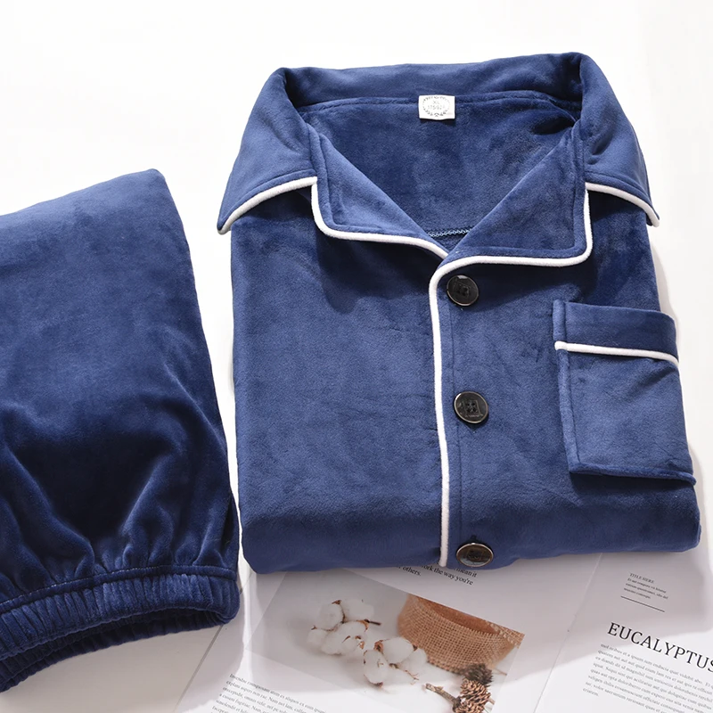 Winter Flannel Pajamas Men PJ Full Sleeves Homeclothes Warm Pijama Coral Fleece Sleepwear Thicken Soft Gray Pyjama Homme