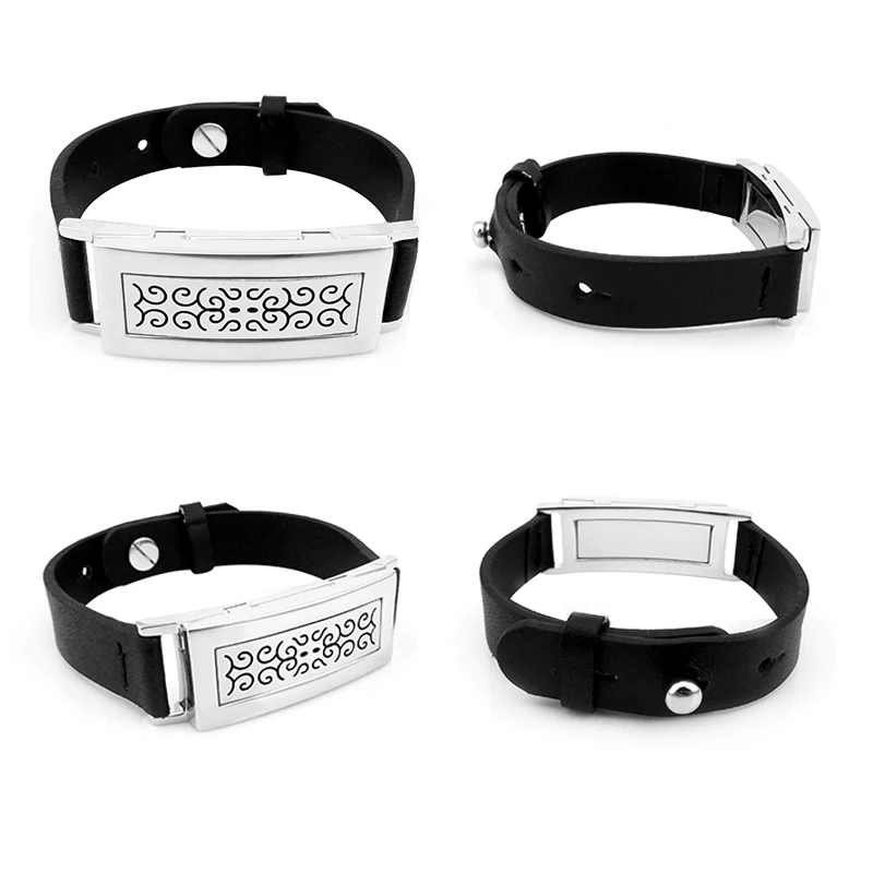 Rectangle Black Genuine Leather Bracelet Stainless Steel Essential Oils Diffuser Locket Aroma Bangle