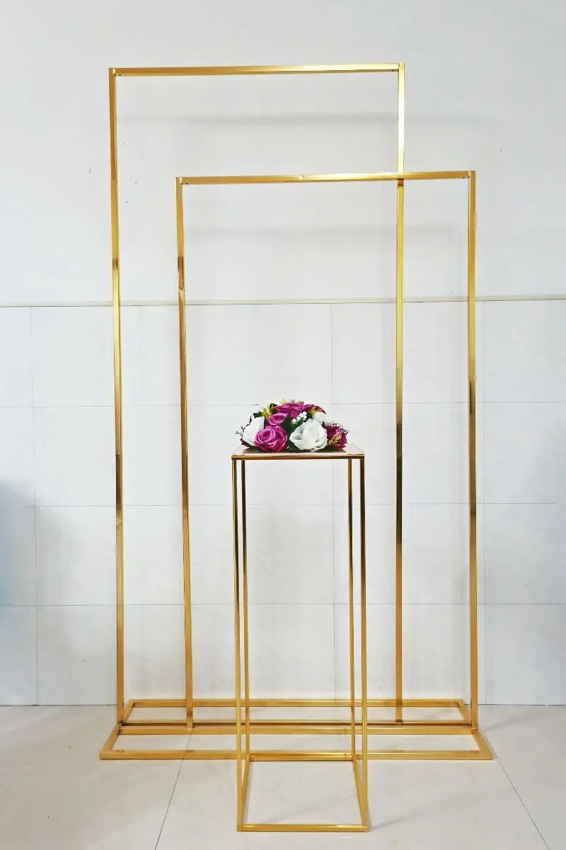 

Shiny Gold Plinth Table Floral Garland Display Holder Wedding Flower Arch Birthday Party Balloon Rack Stage Backdrop Cloth Shelf