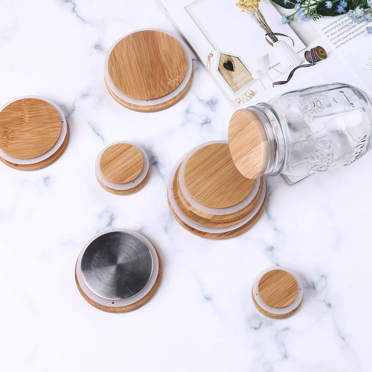 Reusable Bamboo Caps Lids Marson Jar Lids Cover with Silicone Seal for Small/Regular/Wide Mouth Canning Jar Cup Accessories