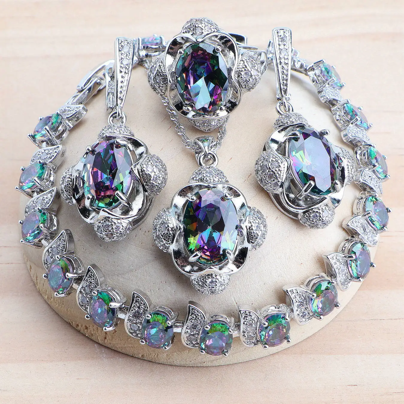 925 فضة مجوهرات الزفاف مجموعات الطبيعية ماجيك قوس قزح تشيكوسلوفاكيا للنساء الزفاف أقراط خواتم أساور مجموعة قلادة قلادة