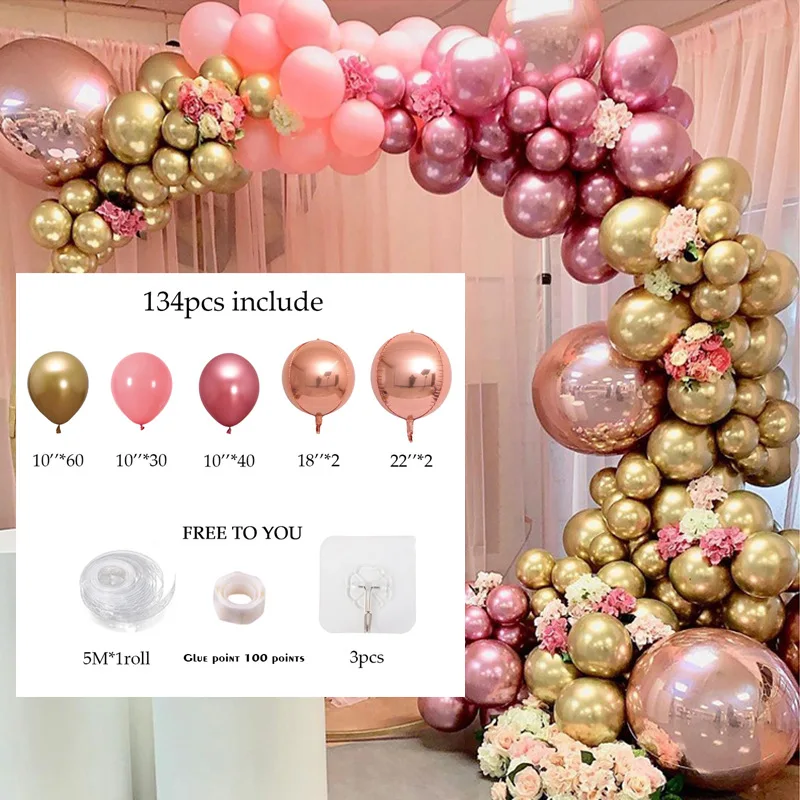 134pcs Chrome Gold Rose Balloon Garland Kit 4D Wedding Balloon Party Supplies Baby Shower Decorations Gold metal Balloons