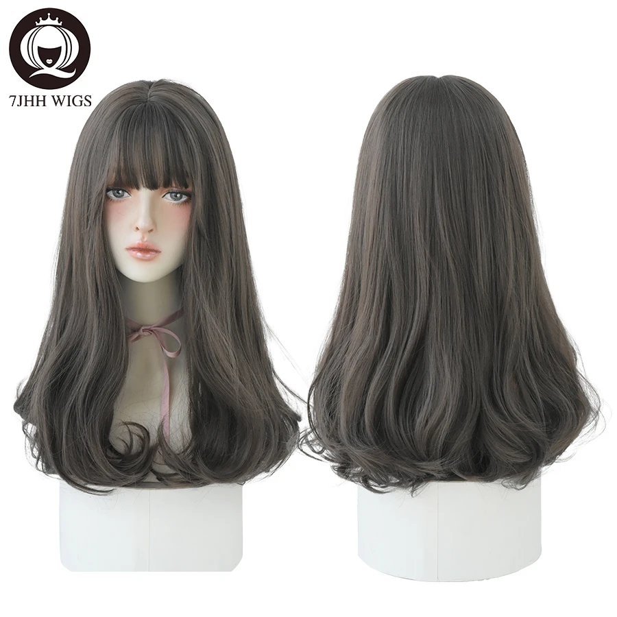 7JHHWIGS Long Wavy Synthetic Black Wigs For Women With Fringe Fashion Heat Resistant Mid-Length Daily Straight Light Brown Hair