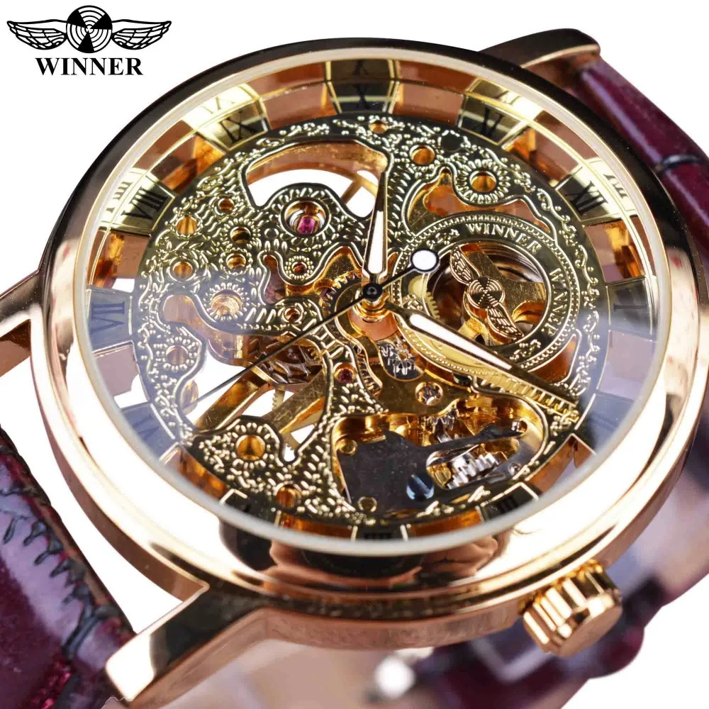 2021 Fashion Winner Top Brand Transparent Luxury Gold Case Casual Design Brown Leather Men Student Watch Mechanical Skeleton