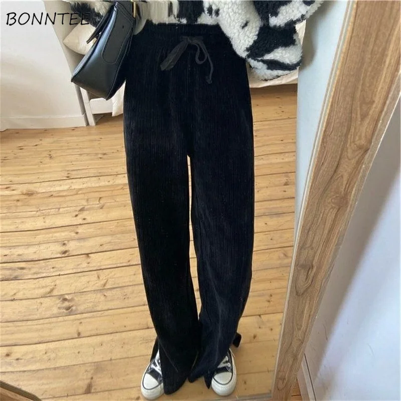 

Повседневные брюки женские вельветовые широкие брюки осенние элегантные однотонные нежные свободные брюки с разрезом по бокам эластичные универсальные брюки с высокой талией