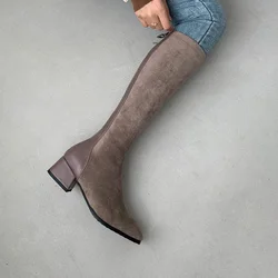 Flock Stitching Microfiber Thick Heel Women's Knee-Length Boots Square Toe Plush Lining Winter Warm Boots Socks And Shoes 2021