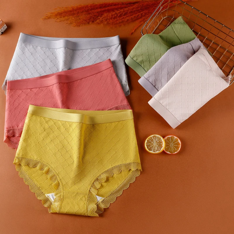 

Autumn Winter Net Jacquard Lace High Waist Briefs Breathable Solid Color Cotton Women Underwear Panties