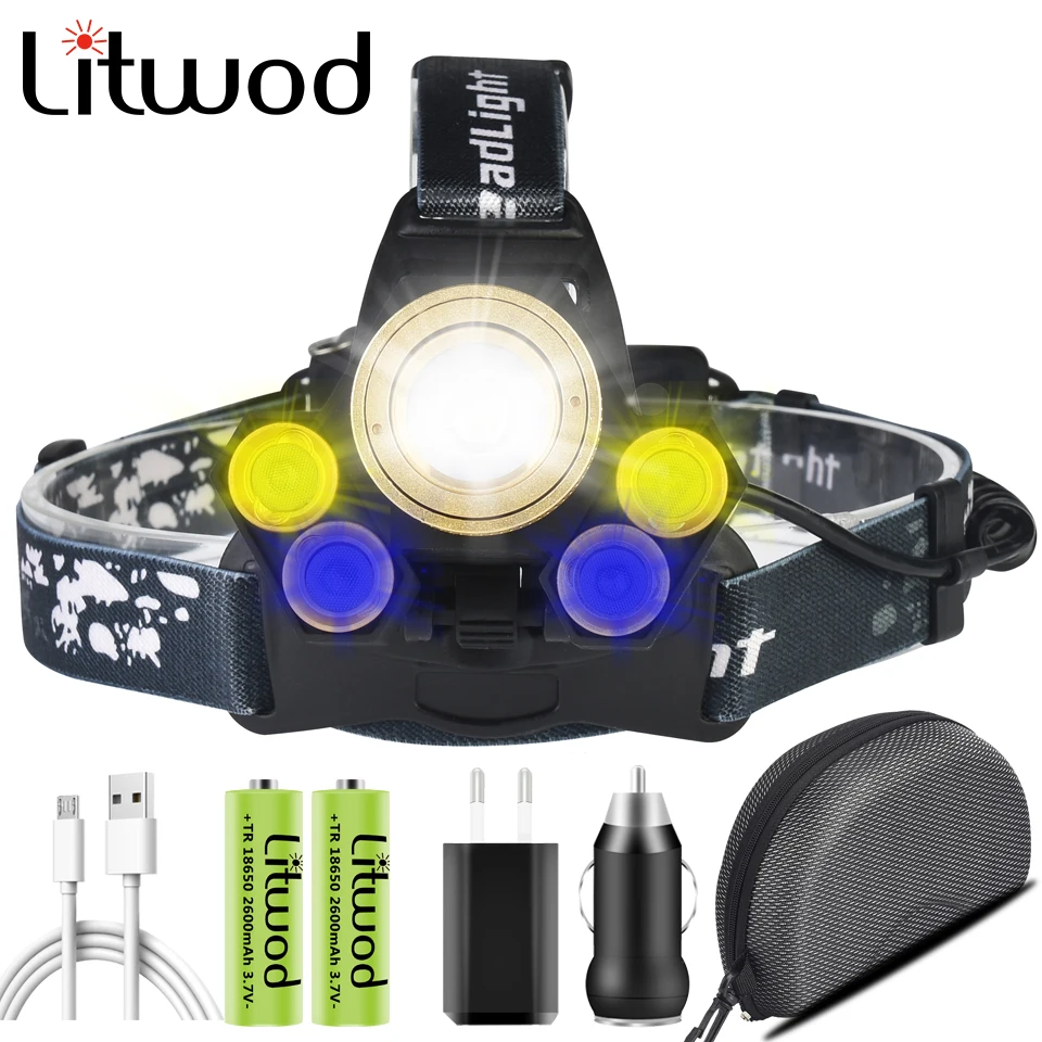 Led Headlamp Litwod Camping Hiking Running Light Powerful Head Flashlight Lamp Torch T6 2408 Emitting 3 Colors Yellow Blue White