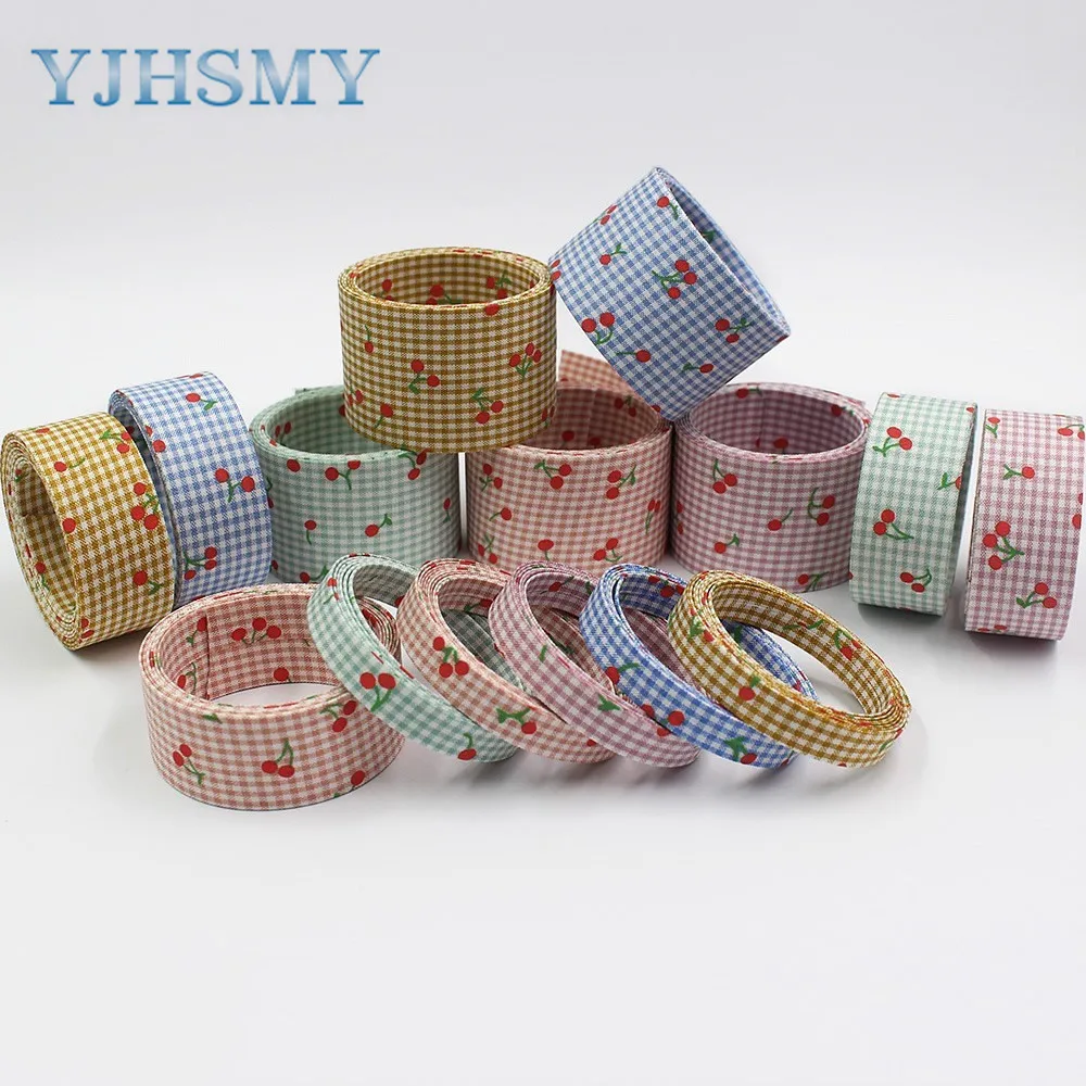 L-20918-978Multi-size 5YPlaid cherry clothDouble-sided Ribbon, Diy Handmade Bow Hair Ornament ribbon Fabric webbing