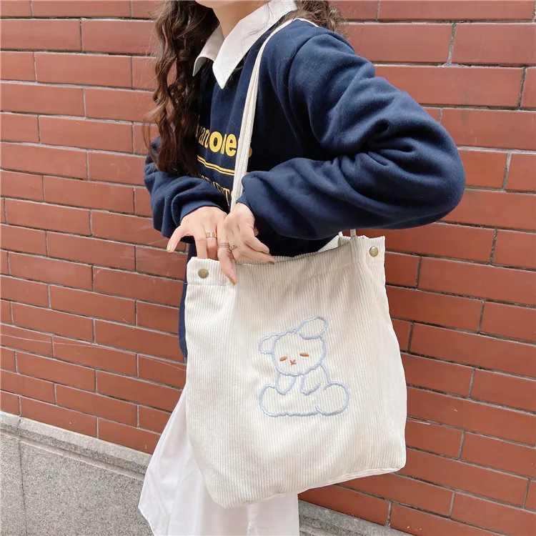 

New corduroy embroidery shoulder bag simple canvas bag female student bag environmental protection bag wholesale cute tote bag