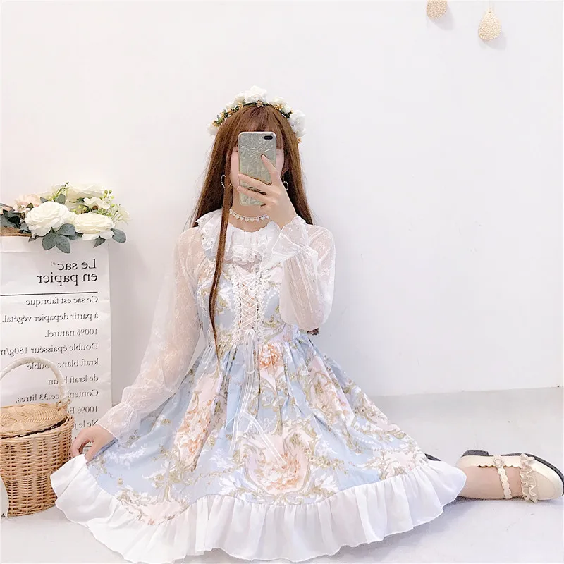 Süße prinzessin lolita kleid vintage spitze bowknot nette druck hohe taille viktorianischen kleid kawaii mädchen gothic lolita jsk loli cos