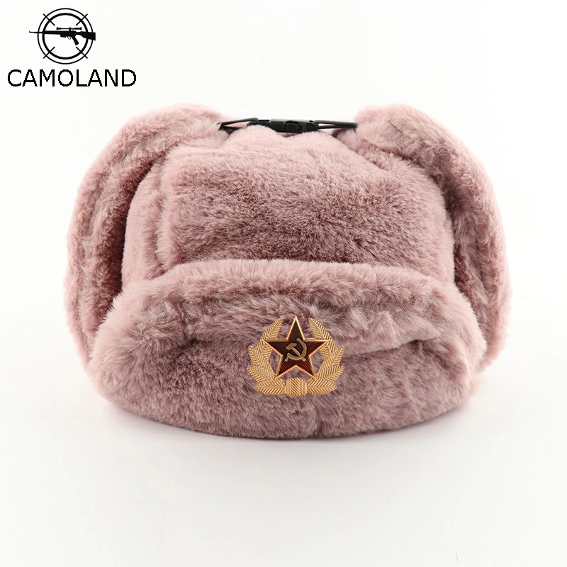 CAMOLAND-Sombrero de bombardero de piloto Ushanka ruso para mujer, insignia soviética, piel sintética, ejército militar, atrapador, orejeras, gorras