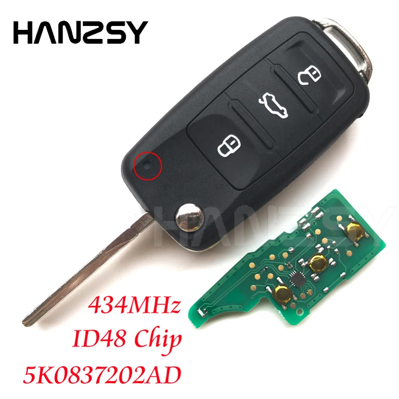 3 buttons 434Mhz Remote Key For Volkswagen VW Beetle Golf Eos Polo Sharan 2011 2012 2013 Flip Folding key ID48 Chip 5K0837202AD