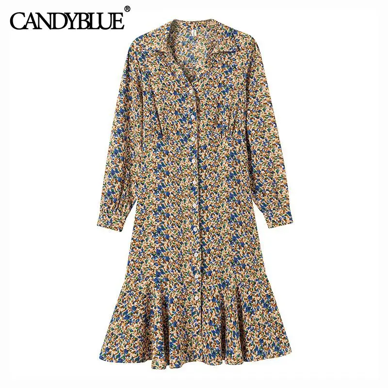 

Женское платье-рубашка в стиле ретро, шифоновое однобортное платье-рубашка во французском стиле «рыбий хвост» с цветочным принтом, весна 2022