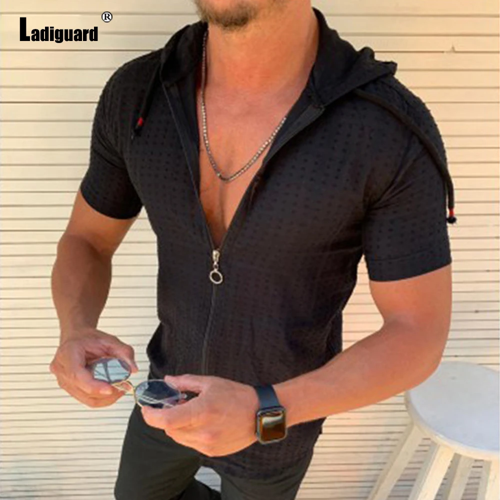 Ladiguard Trend 2023 Hoodie Shirt Patchwork Zipper Men Summer Casual Plaid Top Solid White Blouse Mens Open Stitch Thin Clothes