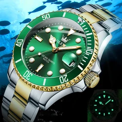 Top Brand Men Watch Green Luxury Fashion Waterproof Quartz Sports Stainless Steel Watches for Men Wristwatch Reloj Hombre + Box