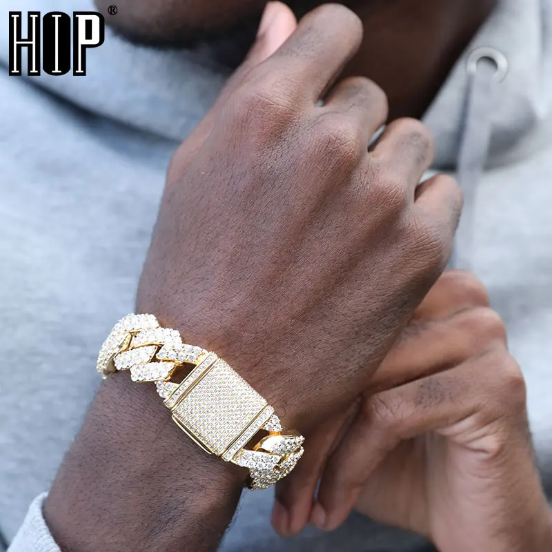 Hip Hop 19MM 2 Row Heavy Cuban Prong Chain Bling Iced Out Box Buckle Copper Setting AAA+ Cubic Zirconia Bracelet For Men Jewelry