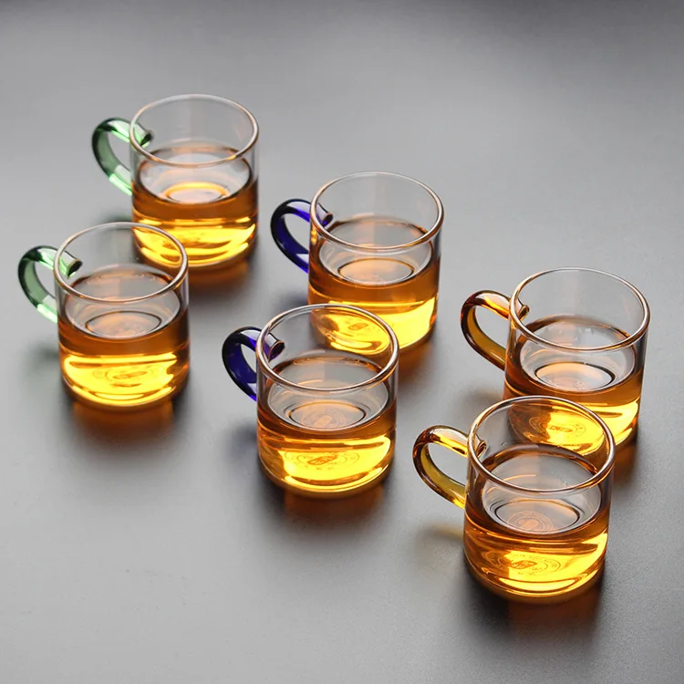 6 pcs Borosilicate Glass Teacup Sub-Handle Transparent Kung Fu Tea Cup Glass Tea Tasting Cup Small Handle Cup Straight Bowl Mug