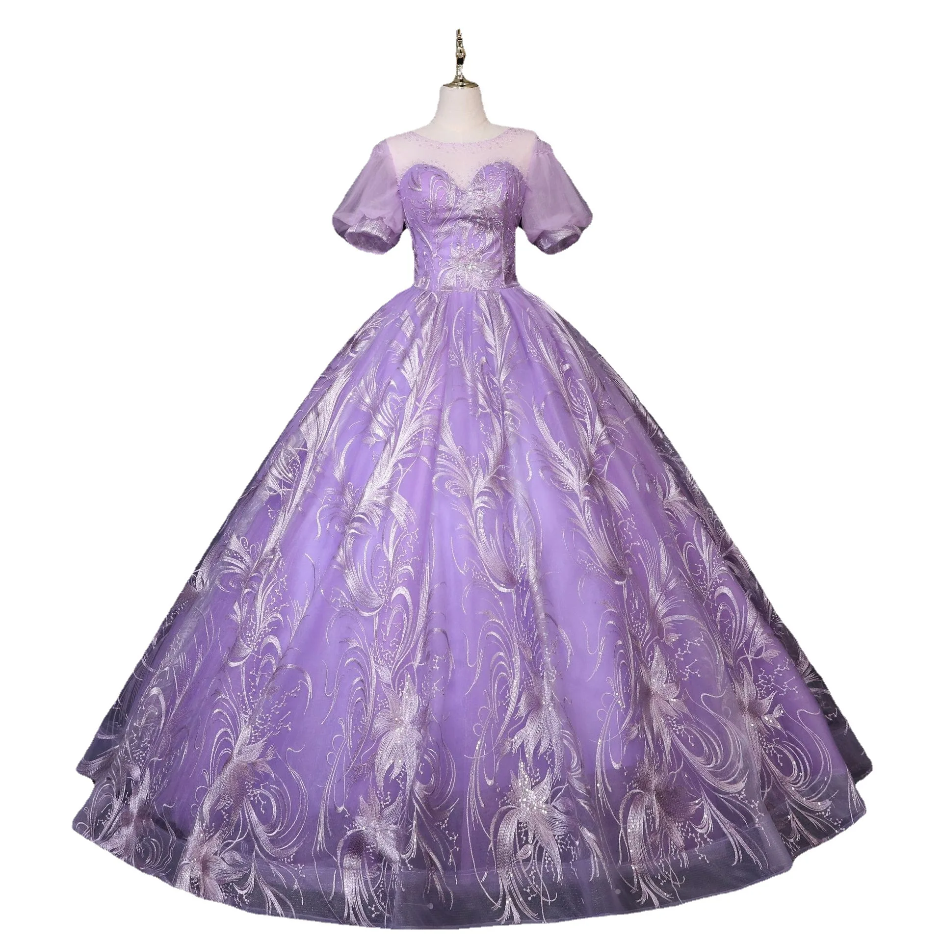 Vestido de fiesta de quinceañera púrpura claro, vestido clásico de baile de graduación, manga abullonada, encaje de lujo, con cuentas de perlas