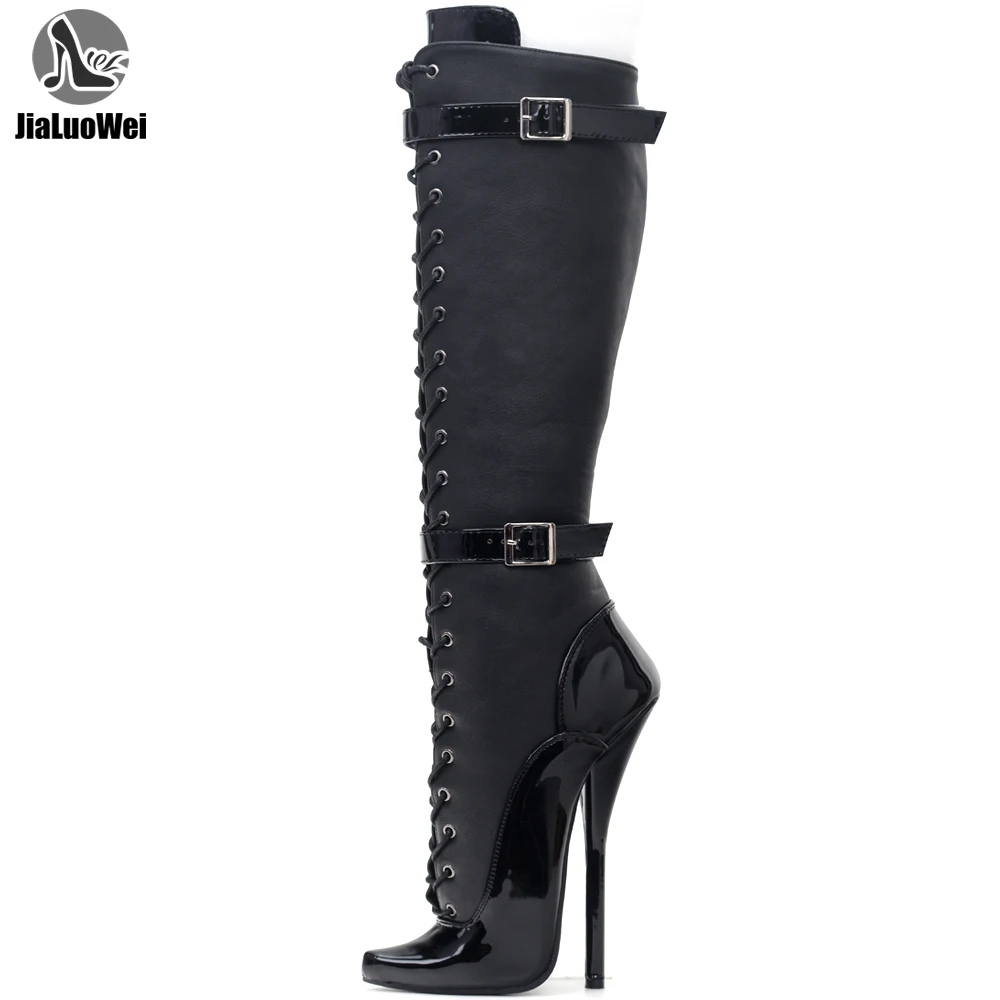 

JIALUOWEI Exotic Extreme Fetish lace Up7 inch steel heel PATA ballet knee high boots size 5-15