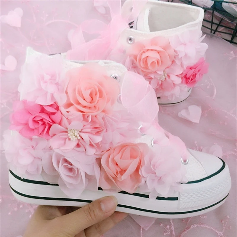 Handmade Women High Top Canvas Shoes Heightening Thick Sole Lady Shoes Girls Sudents Fashion Pink Rose Flowers Designer Sneakers