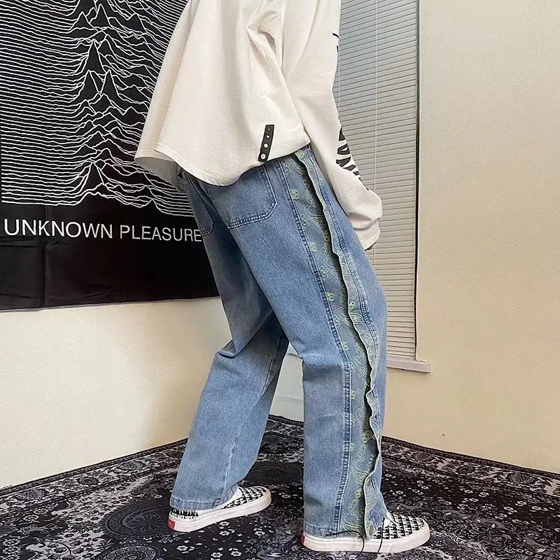 ICCLEK Breasted Jeans Men's Jeans Spring and Autumn Loose Straight Pants Fashion Wide Leg Pants Autumn High Street Jeans