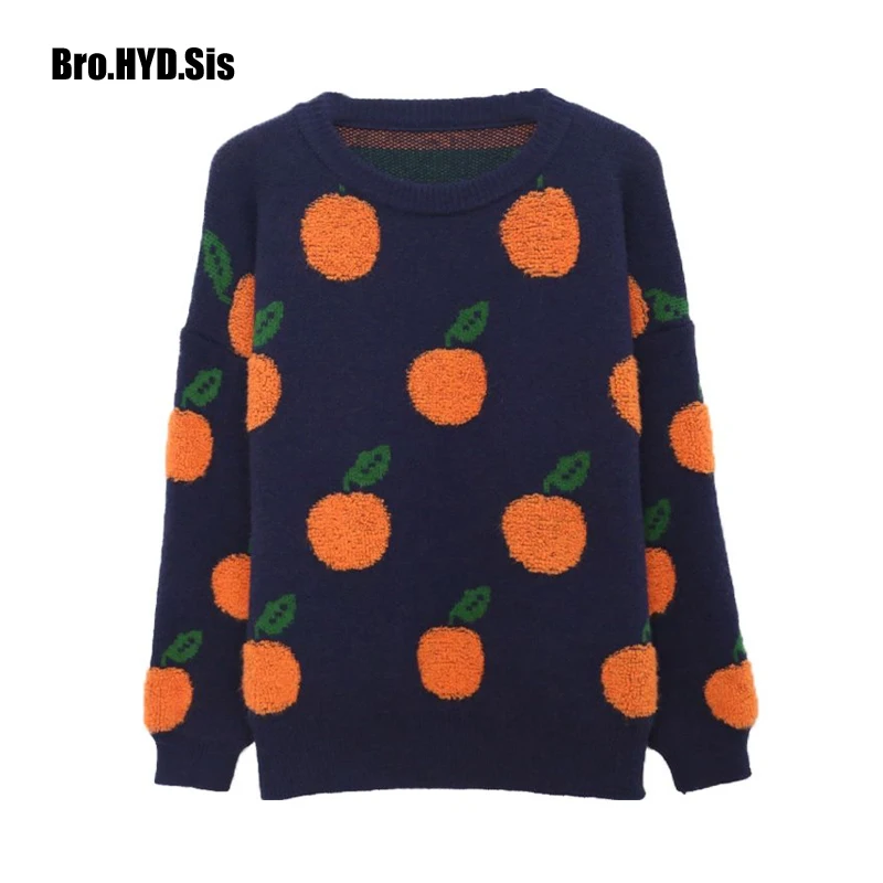 Lovely Women Jumpers Black Beige Sweater O-Neck Colorful Candy Color Oranges Pattern Knitwear Slim All-Match Lady Pullovers Tops