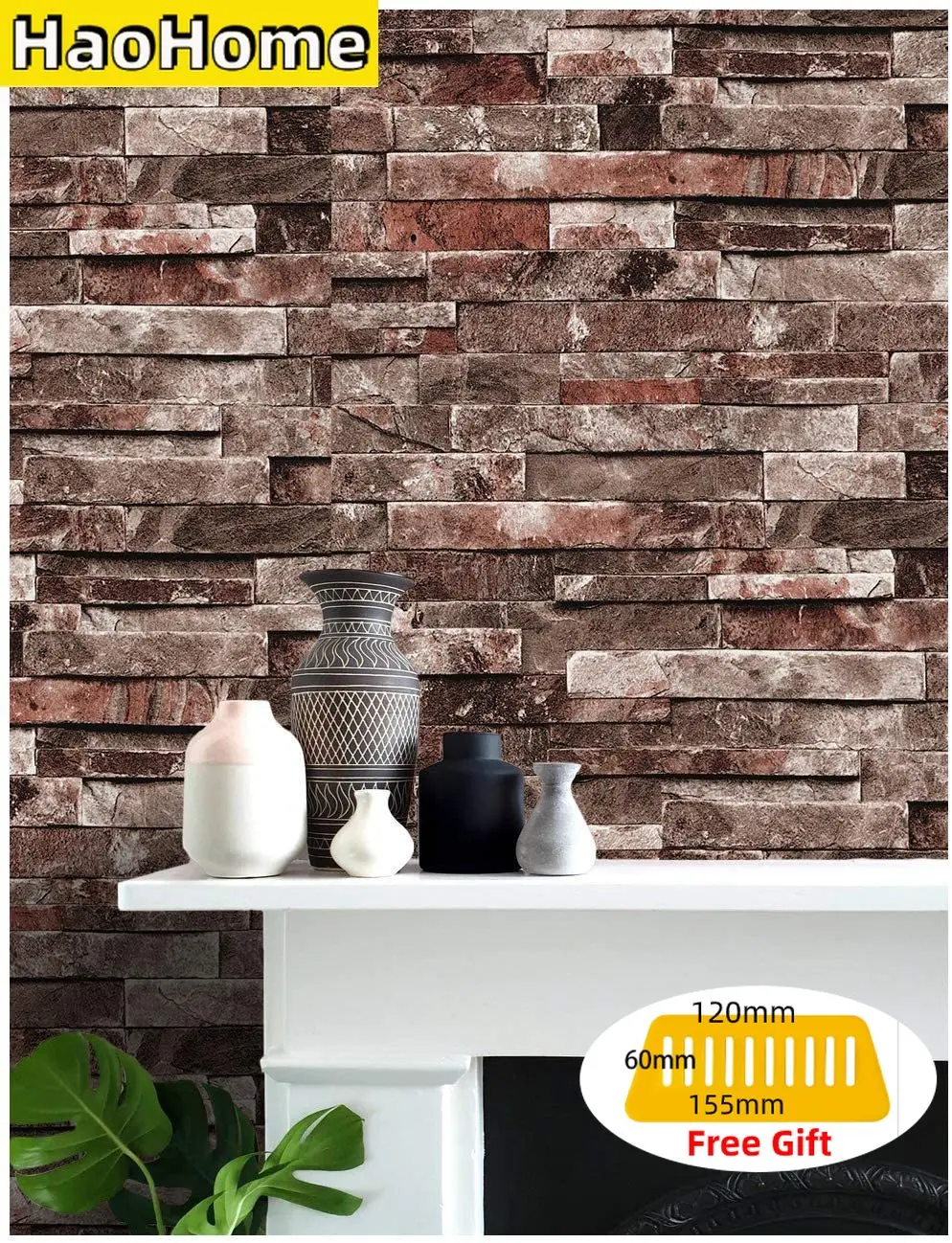 HaoHome Peel and Stick Faux Brick Wallpaper Brown/Red Vinyl Self Adhesive Wall Paper Design for Wall Bathroom Bedroom Home Decor