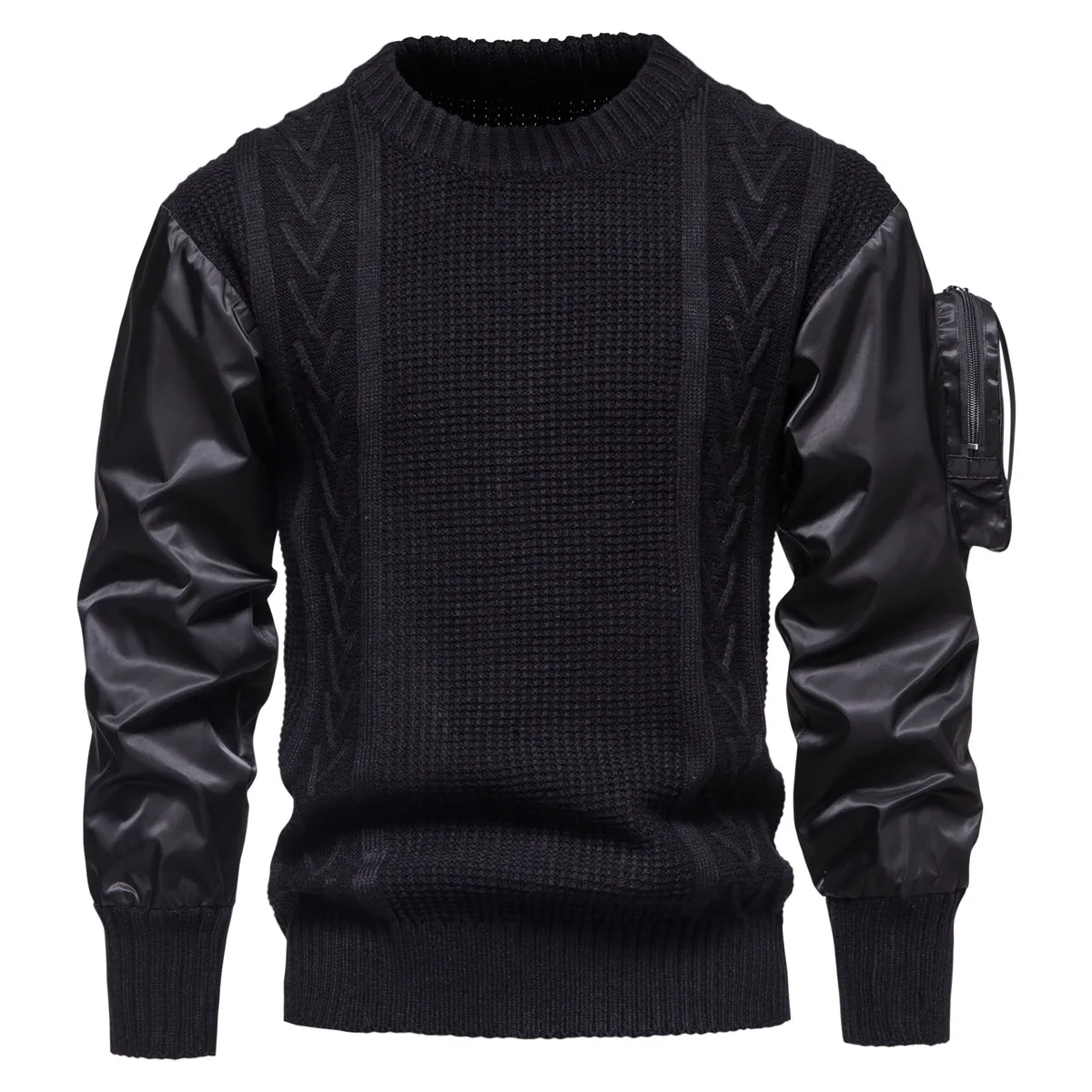 2022 New Men\'s Round Neck Sweater Fashion Personality Pocket Decoration Splicing Sweater Trend Casual Sweater