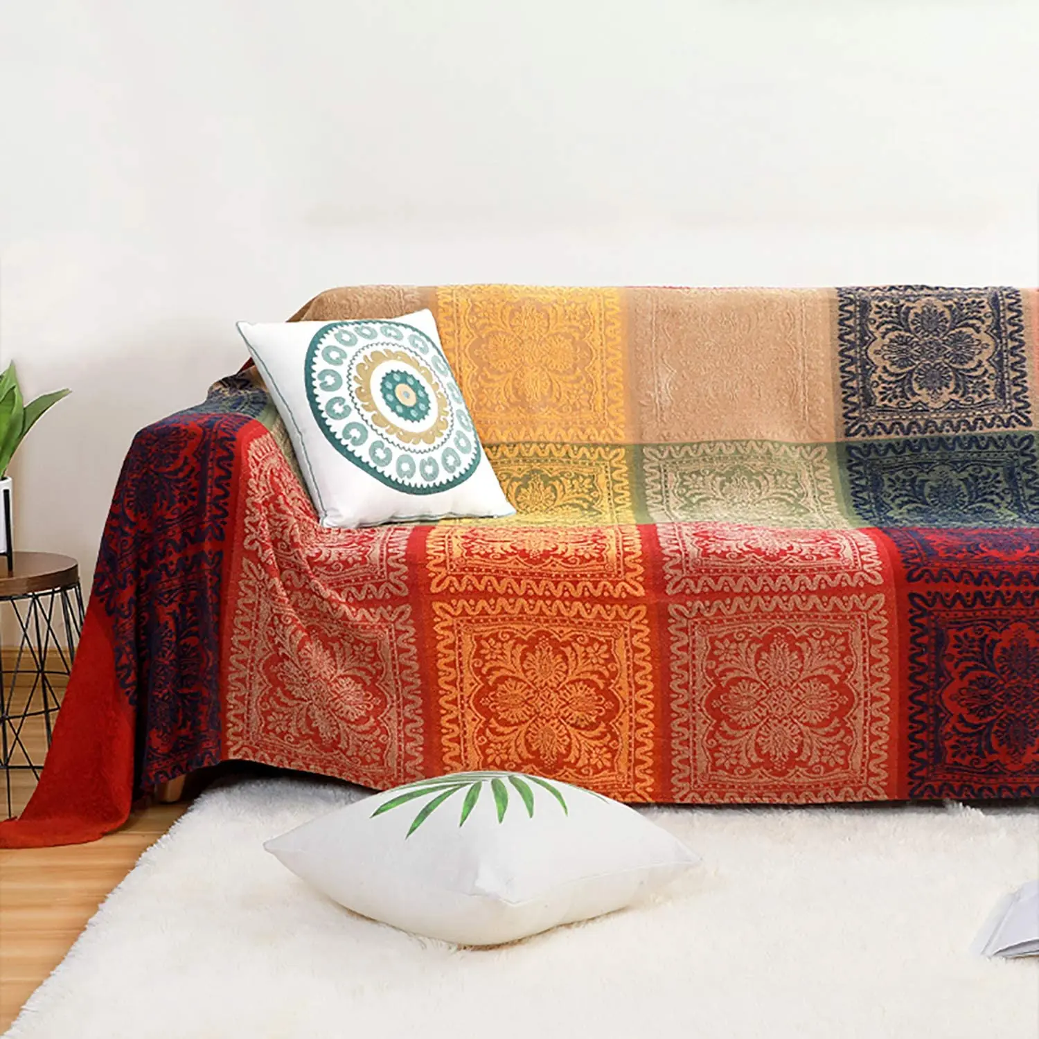 Bohemian Tribal Blanket Reversible Colorful Red Blue Boho Hippie Chenille Fabric Throw Covers Couch Sofa Chair Loveseat Recliner