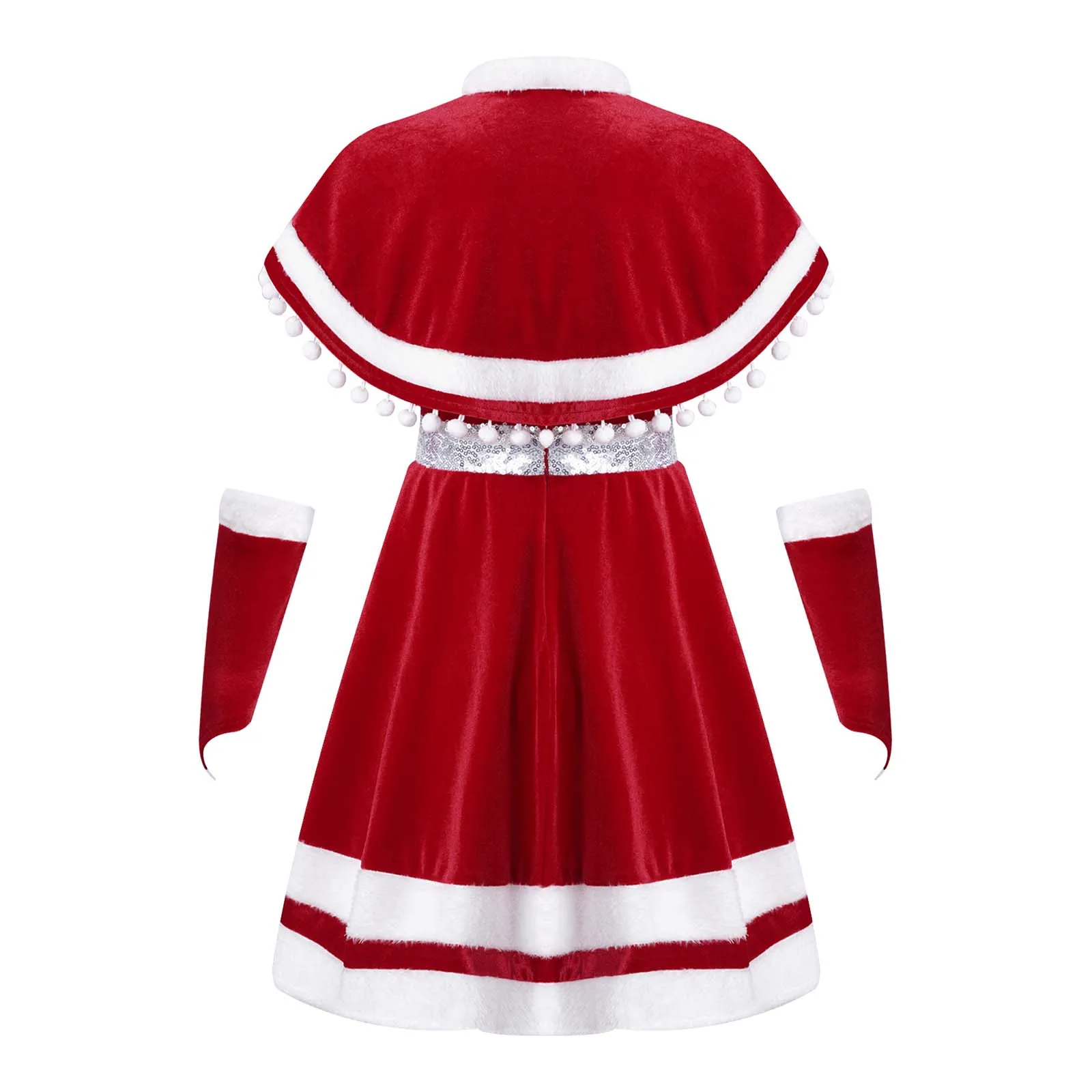 Kids Girls Christmas Christmas Santa Claus Costume 4 Piece Sleeveless Dress with Cloak Arm Sleeves Xmas Holiday Festive Outfit