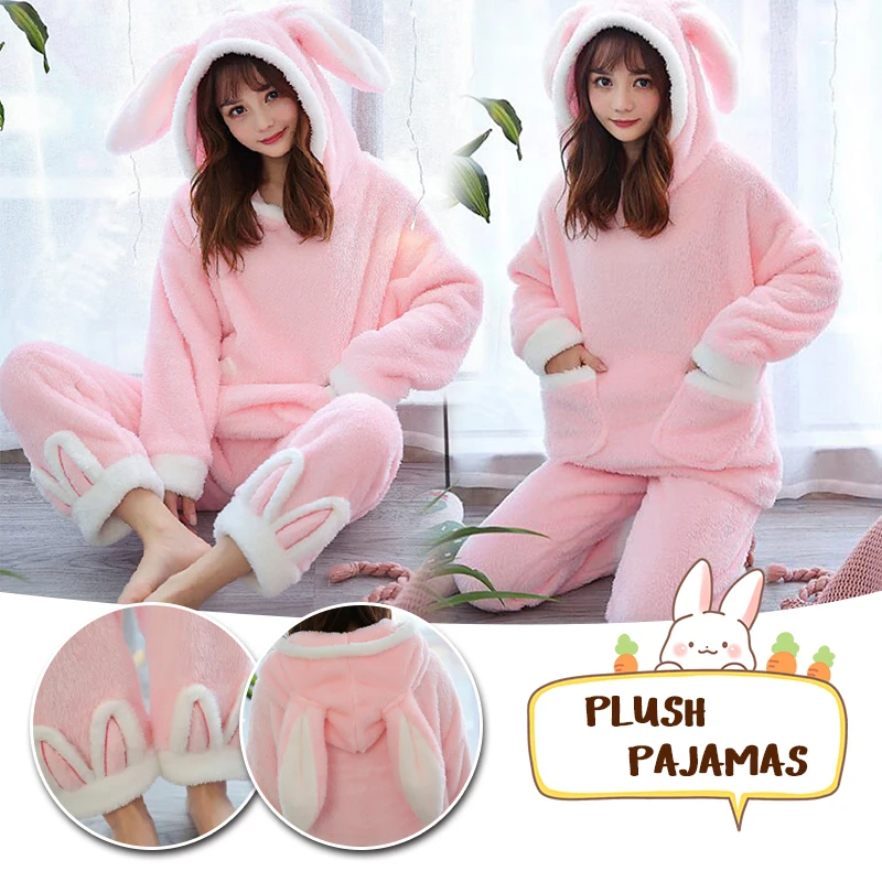 Winter Coral Fleece Pajama Set Women Thick Warm Flannel Velvet Cozy Two Piece Sleepwear Rabbit Ear Hooded Home Clothing Homewear