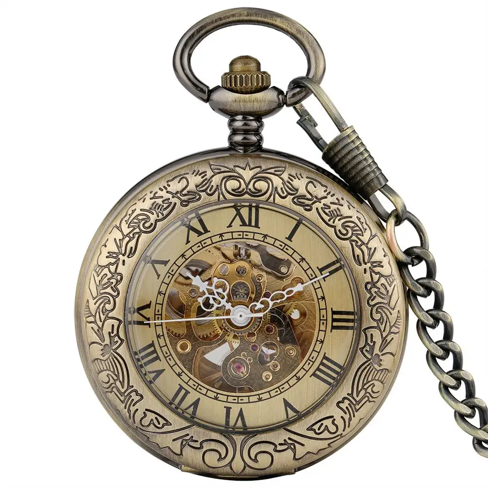 Antique Bronze Transparent Design Mechanical Automatic Self-wind Pocket Watch Men Women Fob Watch Gifts With Pocket Chain Retro