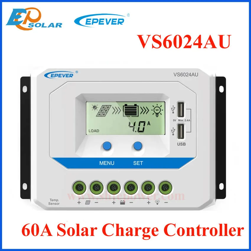 EPEVER 60A Solar Controller 12V 24V Auto VS6024AU PWM Charge Controller with Built in LCD Display and Double USB 5V Port EPsolar