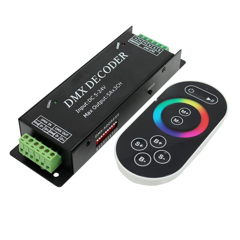 

With remote DMX Decoder ;3 Channel RGB DMX Controller LED Strip DMX Decoder; DC5-24V Common Anode + Touch Remote Control DMX100