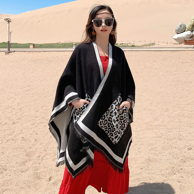 

21 Style Big Pendulum Cloak With Hat Arabic Poncho Women Leopard Pocket Shawl Cape Knitted Middle East Split Thick Warm Blanket