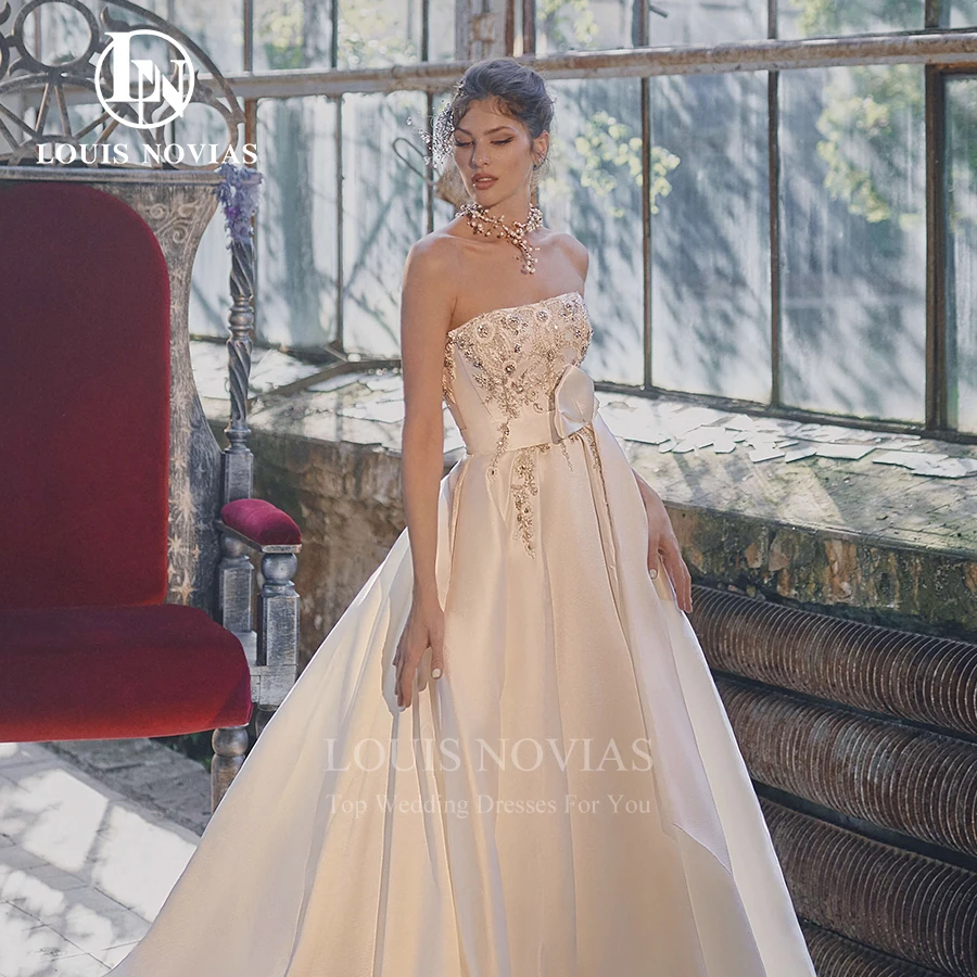 LOUIS NOVIAS-vestido de novia de satén con manga abombada, traje de novia de corte en A, sin tirantes, Espalda descubierta, flores exquisitas con cuentas, desmontable, 2022